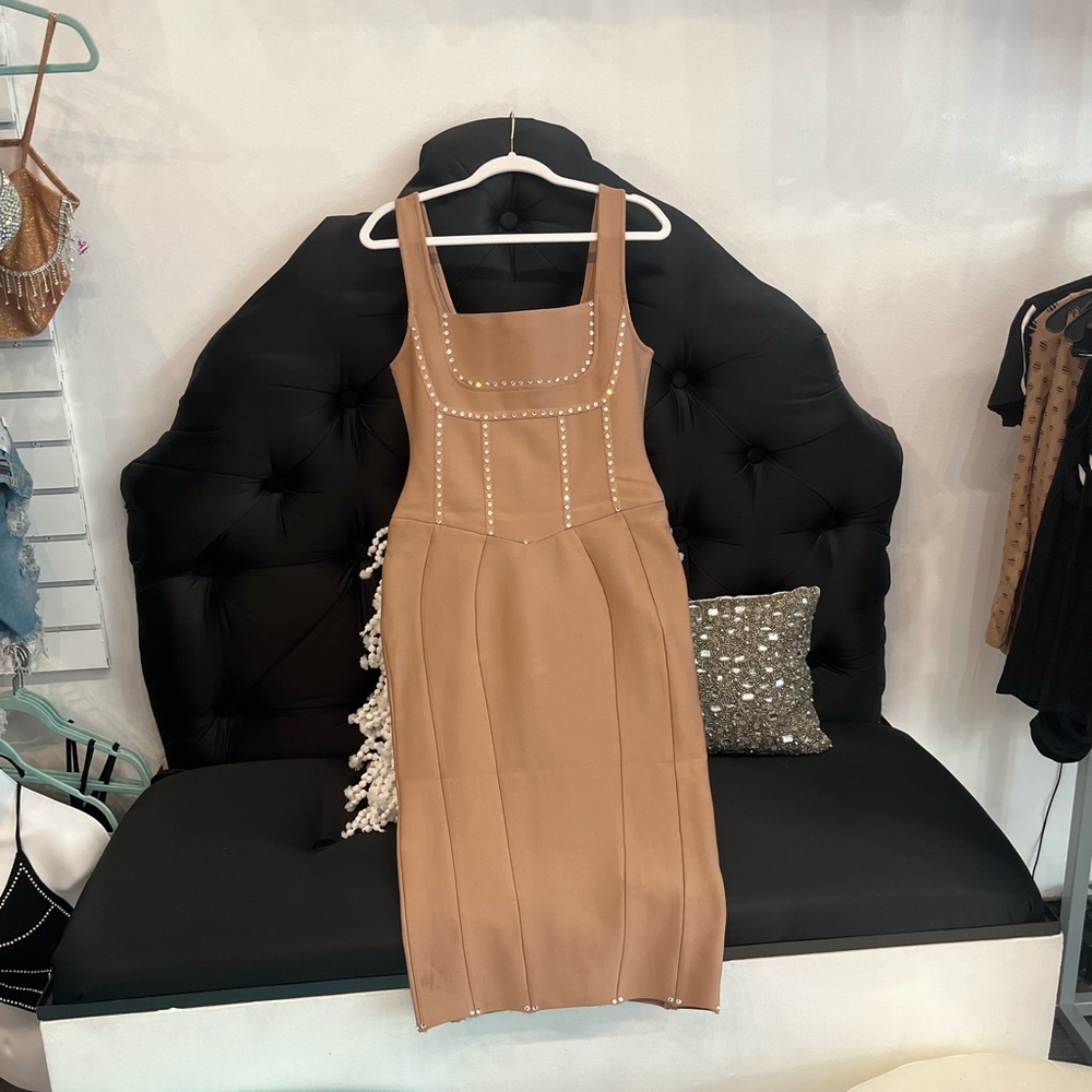 Nude bandage dress customized with beautiful clear crystals